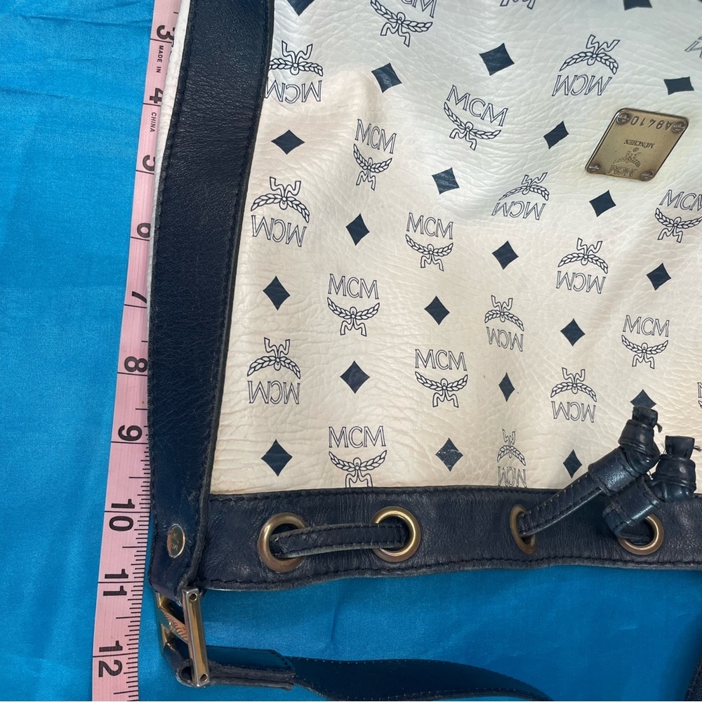 MCM White and Blue Monogram Drawstring Bucket Shoulder Bag - Picture 10 of 14